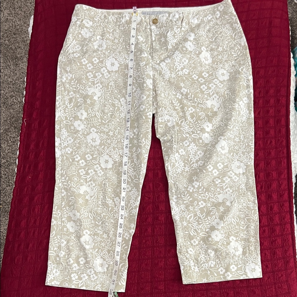 Beige Floral Print Cropped Pants